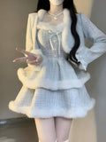 Flytonn- Fur-Trimmed Tiered Dress & Coat Set