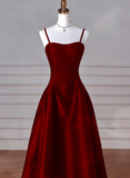 Flytonn-Cyber Monday Christmas party outfits Sexy Wine Red A-Line Straps Satin Long Burgundy Prom Dresses D087