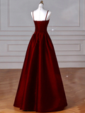 Flytonn-Cyber Monday Christmas party outfits Sexy Wine Red A-Line Straps Satin Long Burgundy Prom Dresses D087