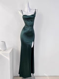 Flytonn-Cyber Monday Christmas party outfits Sexy Mermaid Sleeveless Green Satin Long Prom Dress B345