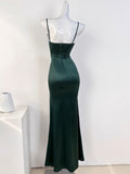 Flytonn-Cyber Monday Christmas party outfits Sexy Mermaid Sleeveless Green Satin Long Prom Dress B345