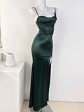 Flytonn-Cyber Monday Christmas party outfits Sexy Mermaid Sleeveless Green Satin Long Prom Dress B345