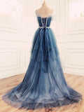 Flytonn-Cyber Monday Christmas party outfits Elegant Ball Gown Straps Long Tulle Blue Prom Dress B492