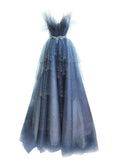 Flytonn-Cyber Monday Christmas party outfits Elegant Ball Gown Straps Long Tulle Blue Prom Dress B492