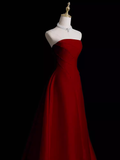 Flytonn-Cyber Monday Christmas party outfits Sexy A Line Strapless Sleeveless Burgundy Long Prom Dress B388