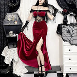 Flytonn-Halloween Outfits Halloween Gifts Gothic Style Autumn 2024 New Style Elegant Lady Sexy Off-Shoulder Velvet Irregular Dress for Women Gothic Halloween Bodycon Party Dress