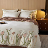 Flytonn-80S Long Staple Cotton Chic Tulip Towel Embroidery 4Pcs Bedding Set Queen King Duvet Cover Set Flat/Fitted Bed Sheet Pillowcases