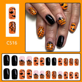 Flytonn-Halloween Nails 24Pcs Short Shiny Square Press on nails Halloween Devil Pumpkin Fake Nail Bat Spider Web Black False Nail for Women&Girl Wear