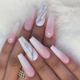 Flytonn 24Pcs Marble Gradient Long Coffin False Nails Full Cover Nail Tips Press Glue Detachable Wearable Gold Foil Ballerina Fake Nails