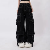 Flytonn-Aesthetic fashion white line black design high waisted jeans women 2024 autumn and winter hip-hop high street casual cargo pants