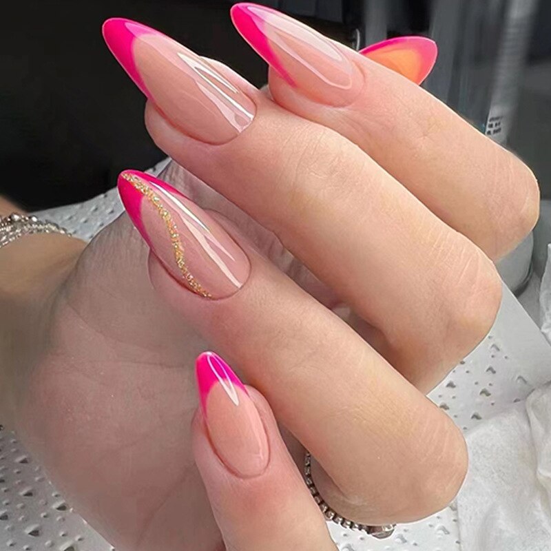 Flytonn 24pcs false nails with almond head French artificial nails with glue Long Paragraph Manicure full cover Stiletto press on nails