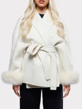 Flytonn-Christmas Thanksgiving Gift New Year's Eve Casual Outfits Elegant White Detachable Faux Fur Cuff Lace Up Coat Fashion Solid Color Full Sleeve Jacket New Autumn Woman Commuter Wear