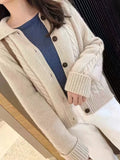 Flytonn-Autumn and winter 100% pure cashmere women's cardigan thick knit Polo lapel knit cardigan women's V-neck loose sweater coat