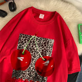 Flytonn-Cherry perfection T Shirt Women Leopard Prints Oversize Cotton T-Shirts Casual O-Neck Short Sleeve Tops Summer Woman Clothes