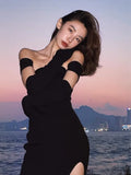 Flytonn-Autumn Sexy Black Knitted Dresses for Women High Split Off Shoulder Female Club Party Dress Y2K Bodycon Harajuku Vestidos New