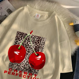 Flytonn-Cherry perfection T Shirt Women Leopard Prints Oversize Cotton T-Shirts Casual O-Neck Short Sleeve Tops Summer Woman Clothes