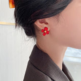 Flytonn-S925 Silver Needle Senior Red Petals Net Red Temperament Cute Small Flower Earrings Female Jewelry Earings Fashion Jewelry