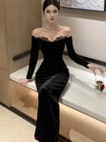 Flytonn-Sexy Bodycon Black Velvet Long Dresses for Women Lace Patchwork Slash Neck Slim Evening Party Dress Prom Robe Vestidos Mujer New