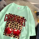 Flytonn-Cherries Cotton T Shirts Women Cherry Leopard Prints Oversized T-Shirts Casual O-Neck Short Sleeve Tops Summer Woman Clothes