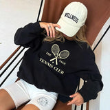 Flytonn-Retro sports style outfit streetwear 90s fashion The Sage Tennis Club Letters Printing Vintage Style Black Sweatshirts Women Loose Cotton Crewneck Casual Long Sleeve Pullovers