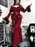 Flytonn-new years eve outfits Christmas party outfits Autumn Red Vintage Dress Women Lace French Retro Elegant Evening Party Dress Female Long Sleeve Chic Midi Dress Halloween 2024