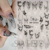 Flytonn Metallic Silver Black Nail Stickers 3D Dark Style Charms Sliders Ink Butterfly Moon Heart Lock Sword Foil Manicure Tips BESW-CS