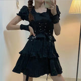 FLYTONN-Japanese Lolita Princess Black Sexy Bad Girl Mini Dress Woman Kawaii High Waist Puff Sleeve Lace Ruffles Party Y2k Streetwear