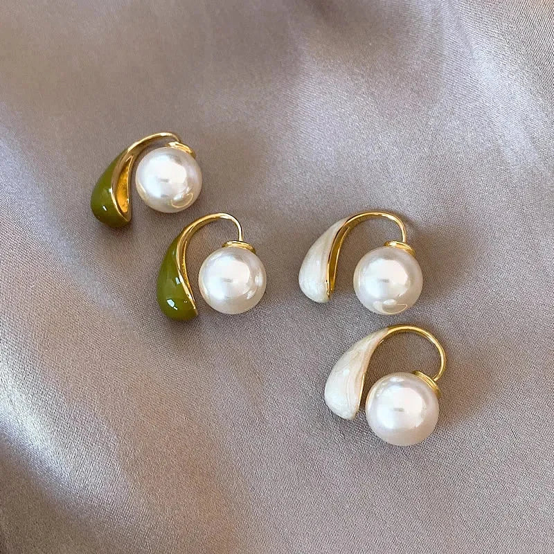 Flytonn-New Design Enamel Arc Metal Pearl Pendant Back Hanging Earrings 2024 Fashion Jewelry for Women‘s Girl‘s Daily Wear Accessories