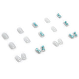 Flytonn- 24pcs/Box Gradient Nail Art Patches False Nails Short Square Nail Blue Starry Glitter Teardrop Diamond Fake Nail Tips