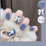 Flytonn- Flytonn 24PCS/Box Bowknot Rabbit Pattern Pearl Short Square Designer Fashion Design French Style Full Covering Pressed Fake Nails