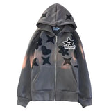 Flytonn-Best Sellers Vintage Embroidery Star Full Zip Up Hoodie Jacket Oversized Sweatshirt Goth Harajuku Y2k Streetwear Men Clothing