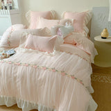 Cifeeo-Pink French Princess Wedding Romantic Pleat Lace Ruffles Bedding Set Soft Cozy Korean Girls Duvet Cover Set Bed Sheet Pillowcase