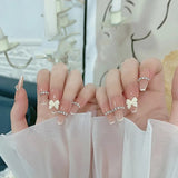 Flytonn- 24pcs French Style Nude Detachable Long Ballerina False Nails W Small Diamond  Design Wearable Fake Nails Full Cover Nail Tips