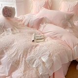 Cifeeo-French Romantic Lace Patchwork Ruffles With Bow Decoration Bedding Set Soft Cozy Pink Girls Duvet Cover Set Bed Sheet Pillowcase