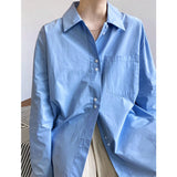 FLYTONN-Casual Simple Blue Oversized Shirt Blue White Slouchy Loose Silhouette Blouse