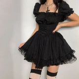 FLYTONN-Lolita Black Dress Goth Aesthetic Puff Sleeve High Waist Vintage Bandage Lace Trim Party Gothic Clothes Summer Dress Woman 2024