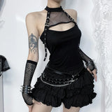 Flytonn-Halloween Outfits Halloween Gifts Gothic Style Spring 2024 New Dark Sexy Strap Tank Top with Spicy Girl Hanging Neck Fishing Net Tank Top  Women's Short Tight Top with Sleeves