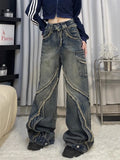 Flytonn- Streetwear y2k 90s Fashion Harajuku washed distressed stitching raw edge high street trendy casual jean for women 2024 flesh-covering design straight pants