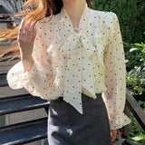 Flytonn-Vintage Festival Polka Dots Shirts Women Elegant Sweet Bow Long Sleeve Ruffles Tops Chic Loose Office Ladies Blouses Tops New