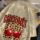 Flytonn-Cherries Cotton T Shirts Women Cherry Leopard Prints Oversized T-Shirts Casual O-Neck Short Sleeve Tops Summer Woman Clothes