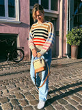 Flytonn-Christmas Thanksgiving Gift New Year's Eve Casual Outfits Female Versatile O Neck Colorful Stripes Knitted Sweater Fashion Full Sleeve Loose Pullover Lady Autumn Winter New Streetwear