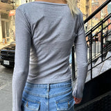 Flytonn-Women Vintage Grey T-shirt Long Sleeve Button Up Basic Crop Top Korea Fashion Y2K 2000s Tee Autumn Female Clothing Streetwear