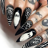 Flytonn-Halloween Nails 24Pcs Halloween Press on Nail Ghost Water Drop False Nail Threaded Personalized Ghost Face Fake Nails For Women and Girl