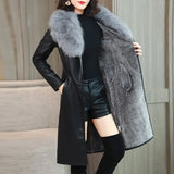 Flytonn-PU Leather Fur Collar Winter Coat Women Solid Adjustable Waist Mid-Length Slim Jacket 2023 New Fashion Lady Casual Warm Outwear