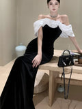 Flytonn-Sexy Bodycon Black Velvet Evening Party Dress Slash Neck Slim Mermaid Long Dresses for Women Prom Robe Wedding Vestidos Mujer