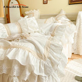 Cifeeo-French Double Layer Ruffles Embroidery Vintage Bedding Set, Cream White, 100% Cotton, Quilt Cover, Bed Skirt, Pillowcases