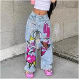 Flytonntore-Streetwear Men Outfits Tomboy Fits -90s streetwear -Women's jeans long high waist ripped printing thick edge European and American wide-leg pants trend Y2K personalized jeans