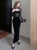 Flytonn-back to school fit nyc outfit Sexy Velvet Maxi Dress Women Long Sleeve Mesh Patchwork Hollow Out Autumn Winter Elegant Lace Bodycon Evening Party Vestidos New