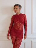 Flytonn Sexy Lace See Through Splice Jumpsuit Set Basics Solid Color Skinny Mini Skirt 2 Pices Set Summer Spicy Girl Set