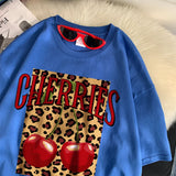 Flytonn-Cherries Cotton T Shirts Women Cherry Leopard Prints Oversized T-Shirts Casual O-Neck Short Sleeve Tops Summer Woman Clothes